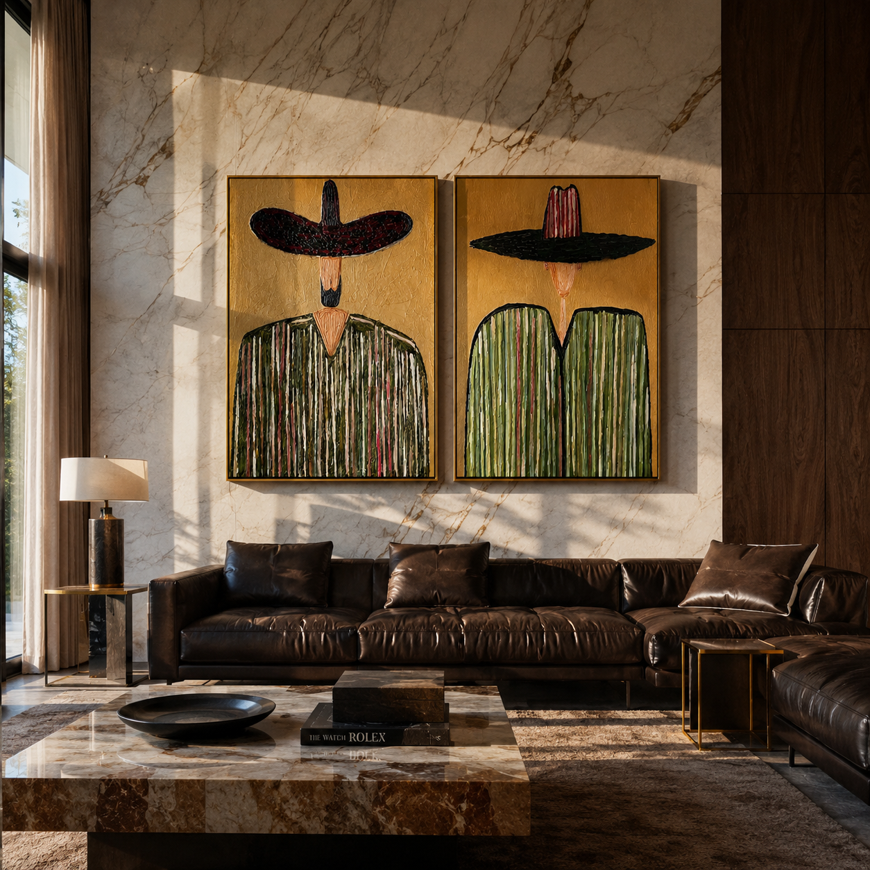 Sombrero Green Frames Pink - green striped sombrero figure by Elliot Vale, modern figurative set of 2 wall art - styled room scene view 1