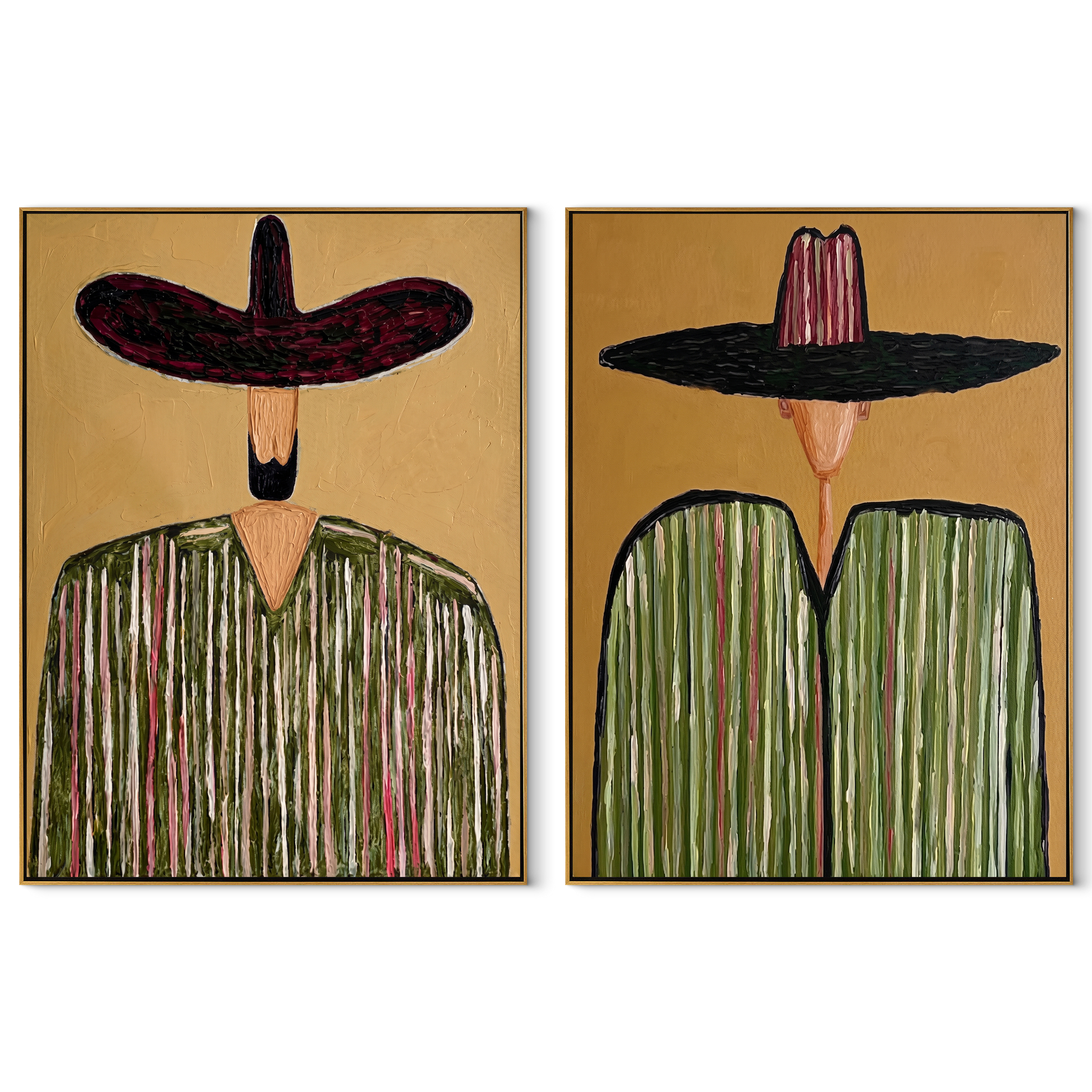 Sombrero Green Frames Pink - green striped sombrero figure by Elliot Vale, modern figurative set of 2 wall art - complete two-panel artwork set on white background