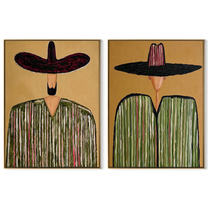 Sombrero Green Frames Pink - green striped sombrero figure by Elliot Vale, modern figurative set of 2 wall art - complete two-panel artwork set on white background