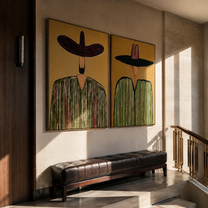 Sombrero Green Frames Pink - green striped sombrero figure by Elliot Vale, modern figurative set of 2 wall art - styled room scene view 2