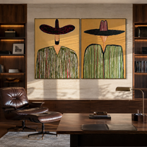 Sombrero Green Frames Pink - green striped sombrero figure by Elliot Vale, modern figurative set of 2 wall art - styled room scene view 4