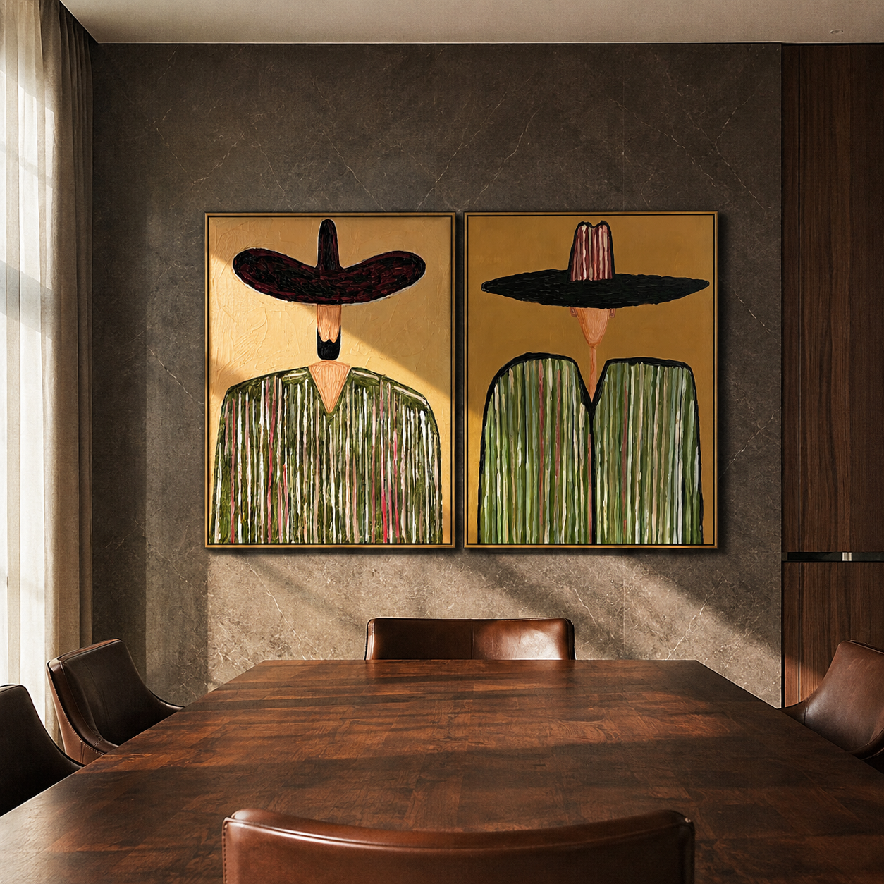 Sombrero Green Frames Pink - green striped sombrero figure by Elliot Vale, modern figurative set of 2 wall art - styled room scene view 5