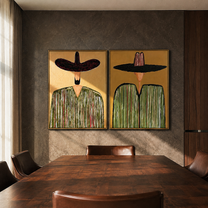 Sombrero Green Frames Pink - green striped sombrero figure by Elliot Vale, modern figurative set of 2 wall art - styled room scene view 5