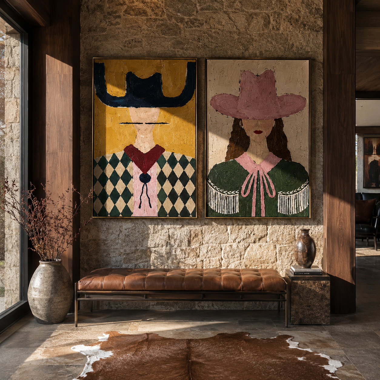 Argyle Shoulders Guard Rose - argyle cowgirl portrait by Elliot Vale, modern figurative set of 2 wall art - styled room scene view 1