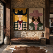Argyle Shoulders Guard Rose - argyle cowgirl portrait by Elliot Vale, modern figurative set of 2 wall art - styled room scene view 1