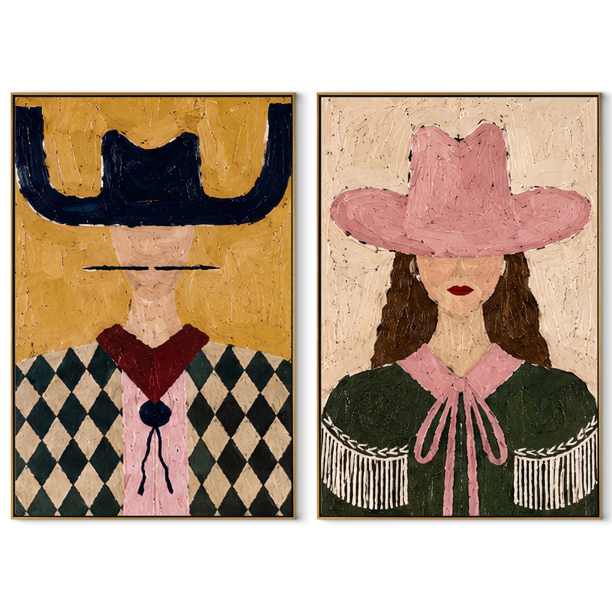 Argyle Shoulders Guard Rose - argyle cowgirl portrait by Elliot Vale, modern figurative set of 2 wall art - complete two-panel artwork set on white background