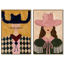 Argyle Shoulders Guard Rose - argyle cowgirl portrait by Elliot Vale, modern figurative set of 2 wall art - complete two-panel artwork set on white background