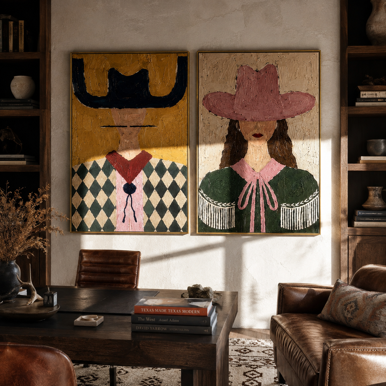 Argyle Shoulders Guard Rose - argyle cowgirl portrait by Elliot Vale, modern figurative set of 2 wall art - styled room scene view 2