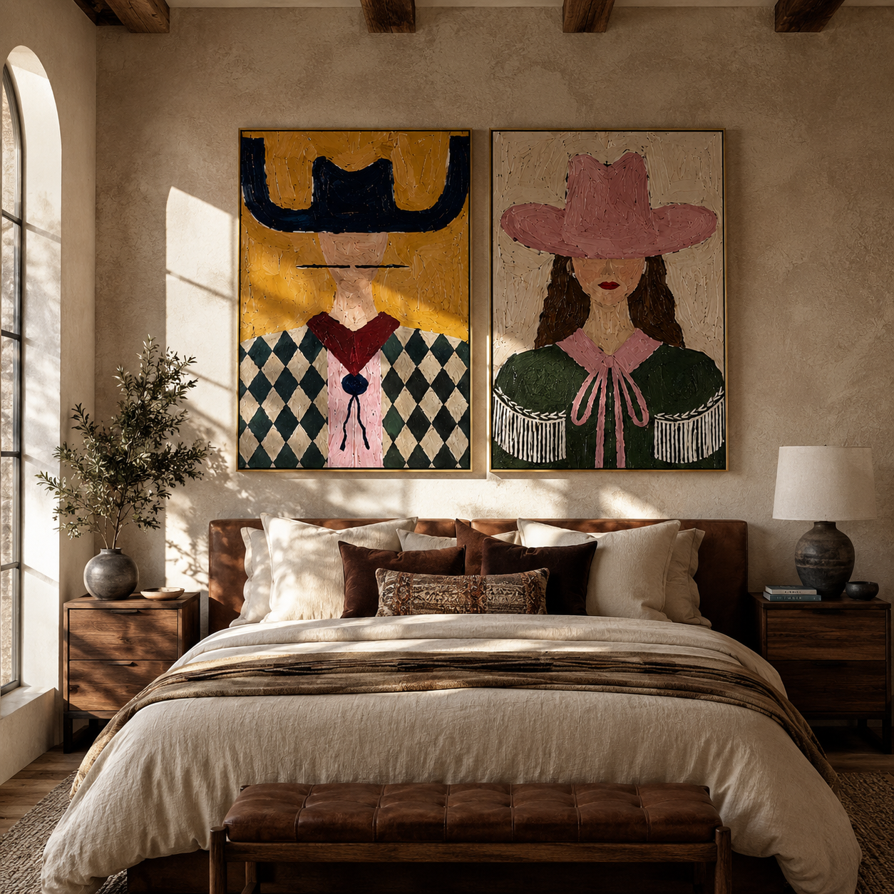 Argyle Shoulders Guard Rose - argyle cowgirl portrait by Elliot Vale, modern figurative set of 2 wall art - styled room scene view 3