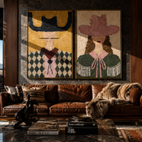 Argyle Shoulders Guard Rose - argyle cowgirl portrait by Elliot Vale, modern figurative set of 2 wall art - styled room scene view 4