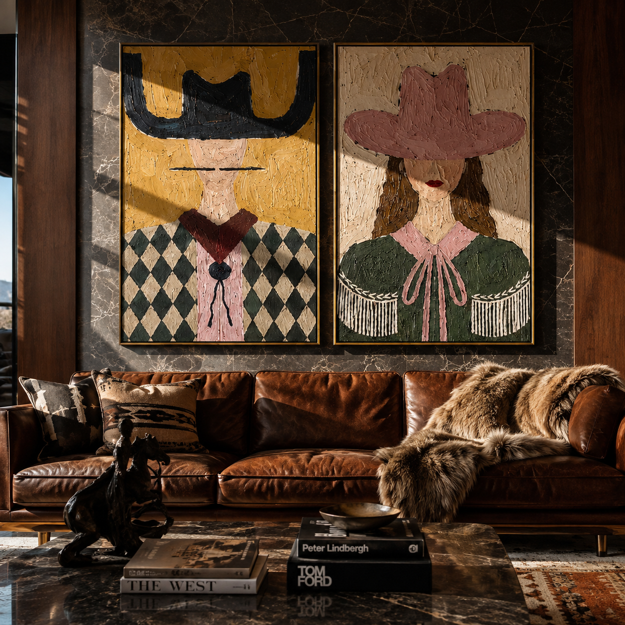 Argyle Shoulders Guard Rose - argyle cowgirl portrait by Elliot Vale, modern figurative set of 2 wall art - styled room scene view 4