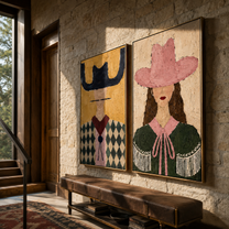 Argyle Shoulders Guard Rose - argyle cowgirl portrait by Elliot Vale, modern figurative set of 2 wall art - styled room scene view 5