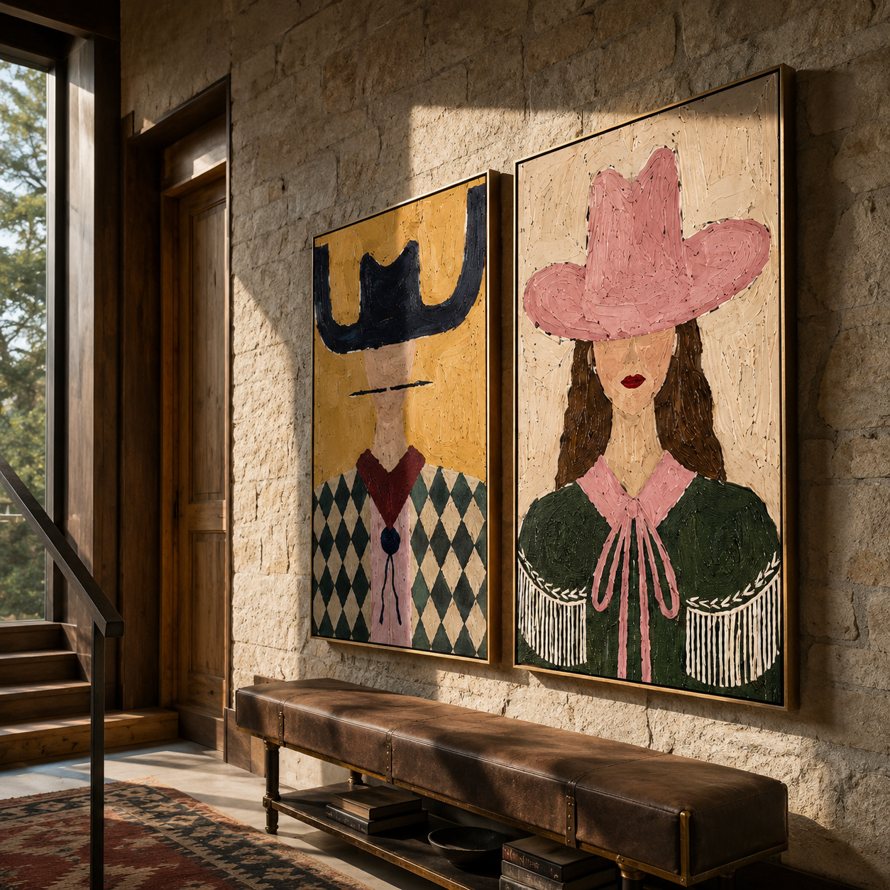 Argyle Shoulders Guard Rose - argyle cowgirl portrait by Elliot Vale, modern figurative set of 2 wall art - styled room scene view 5