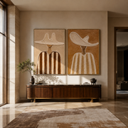 Cream Brims Hold Earth - neutral striped figure by Elliot Vale, modern figurative set of 2 wall art - styled room scene view 1