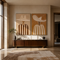 Cream Brims Hold Earth - neutral striped figure by Elliot Vale, modern figurative set of 2 wall art - styled room scene view 1