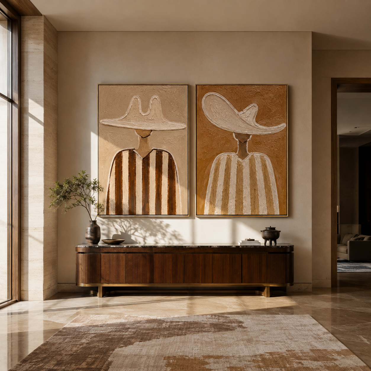 Cream Brims Hold Earth - neutral striped figure by Elliot Vale, modern figurative set of 2 wall art - styled room scene view 1