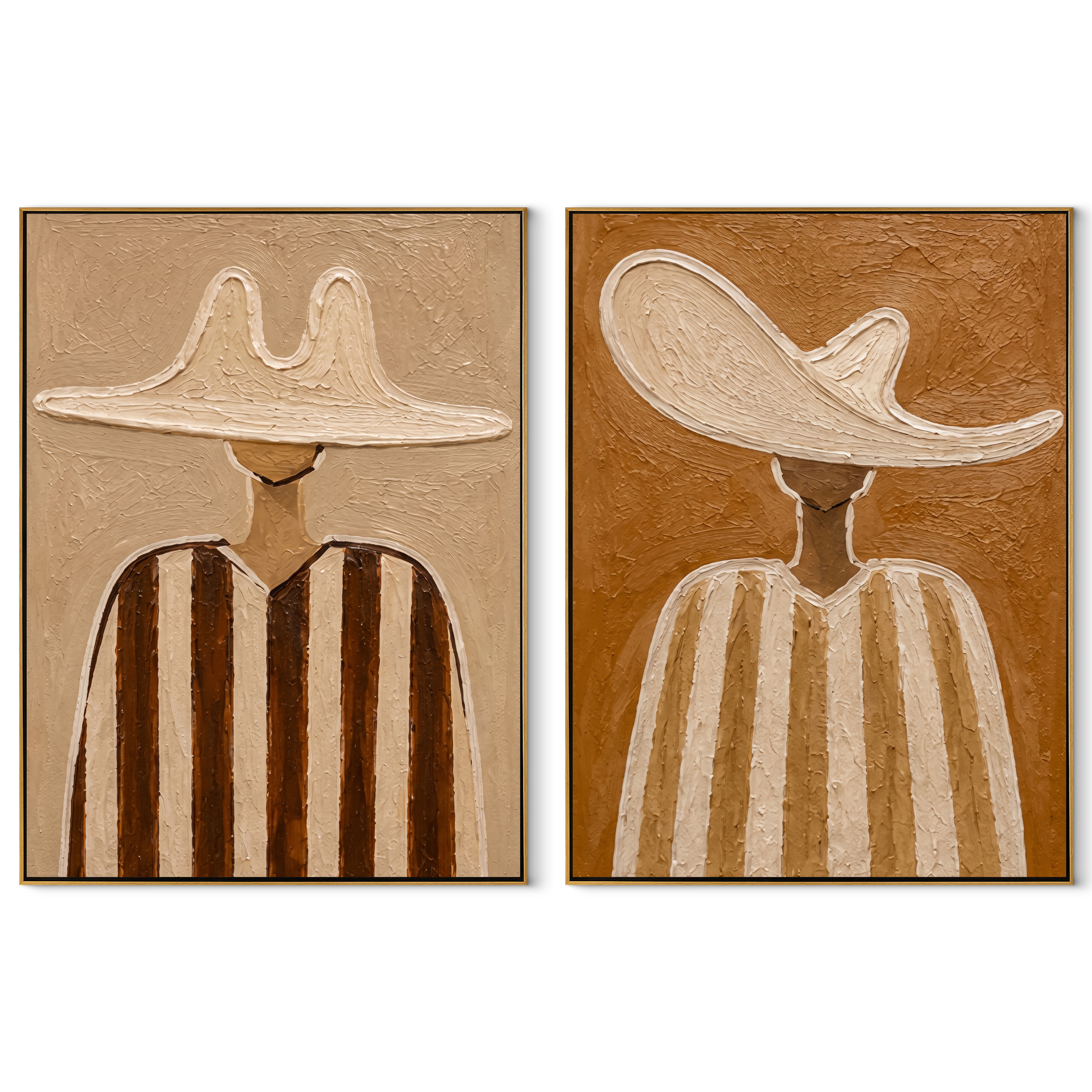 Cream Brims Hold Earth - neutral striped figure by Elliot Vale, modern figurative set of 2 wall art - complete two-panel artwork set on white background