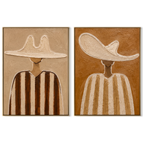 Cream Brims Hold Earth - neutral striped figure by Elliot Vale, modern figurative set of 2 wall art - complete two-panel artwork set on white background