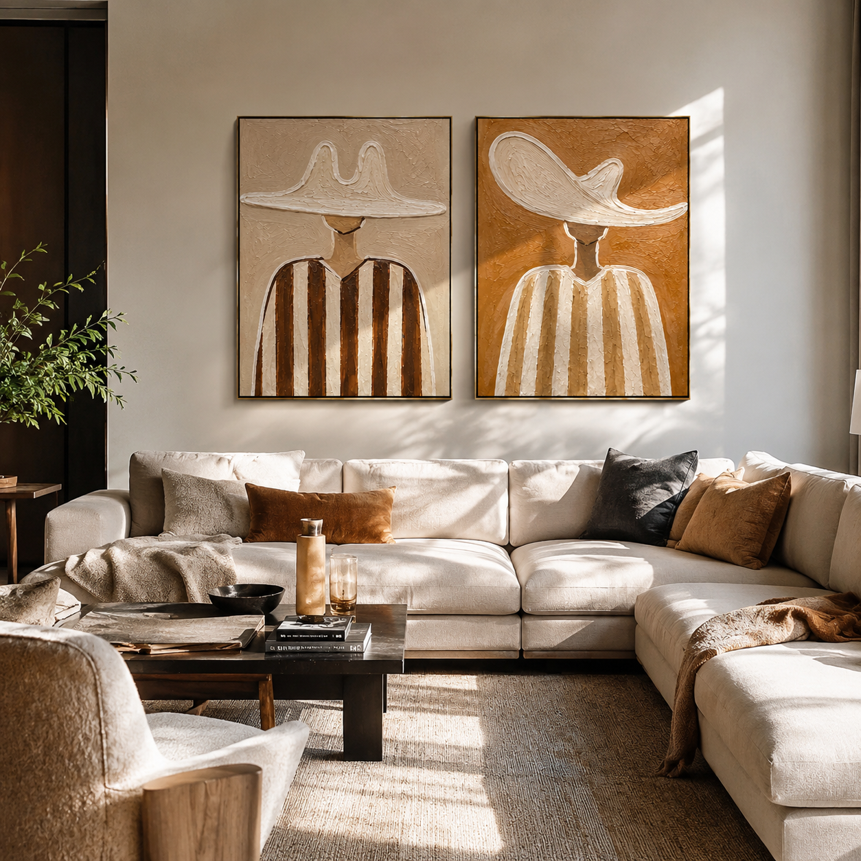 Cream Brims Hold Earth - neutral striped figure by Elliot Vale, modern figurative set of 2 wall art - styled room scene view 2