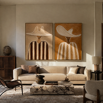 Cream Brims Hold Earth - neutral striped figure by Elliot Vale, modern figurative set of 2 wall art - styled room scene view 3