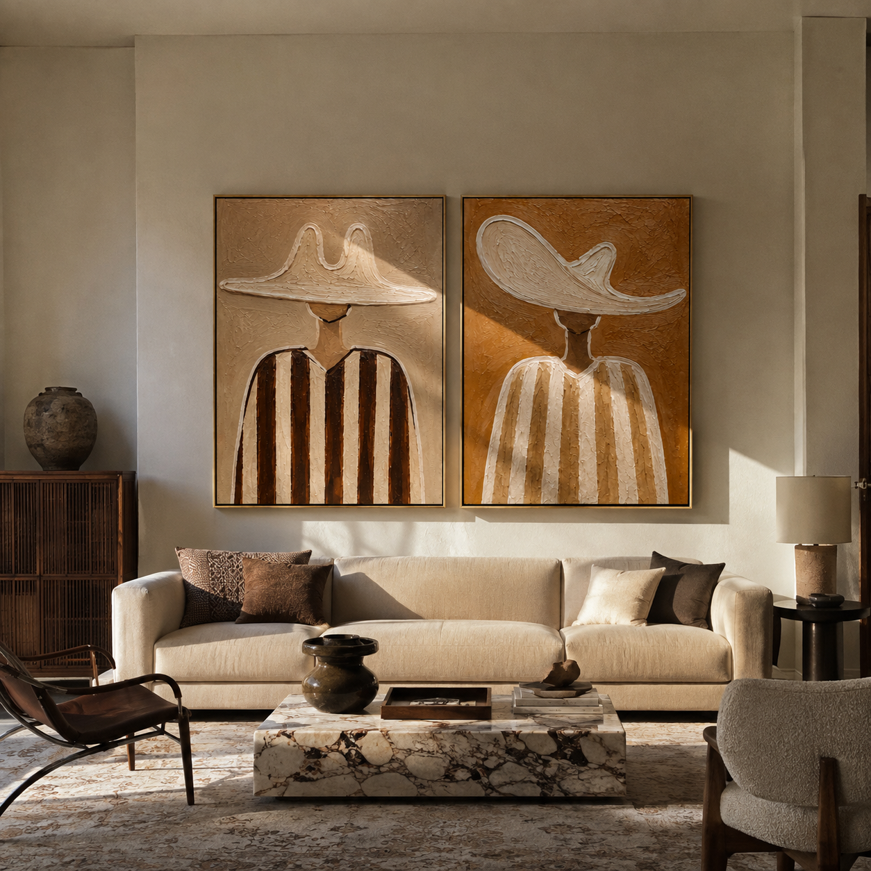 Cream Brims Hold Earth - neutral striped figure by Elliot Vale, modern figurative set of 2 wall art - styled room scene view 3
