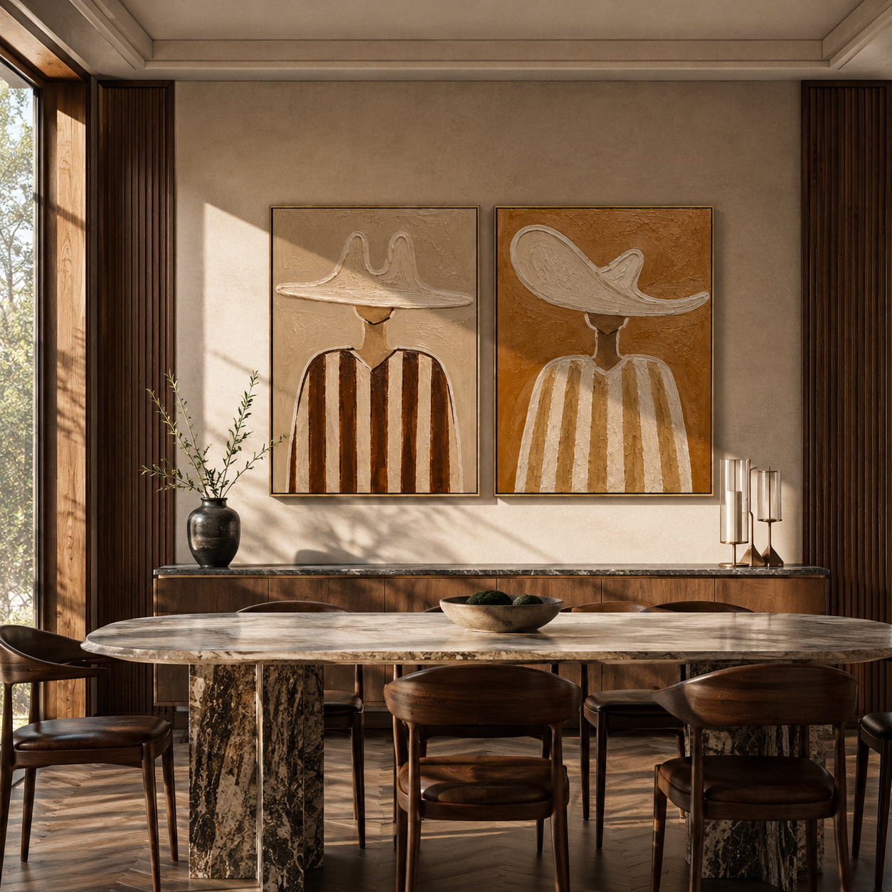 Cream Brims Hold Earth - neutral striped figure by Elliot Vale, modern figurative set of 2 wall art - styled room scene view 4