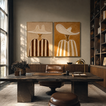 Cream Brims Hold Earth - neutral striped figure by Elliot Vale, modern figurative set of 2 wall art - styled room scene view 5