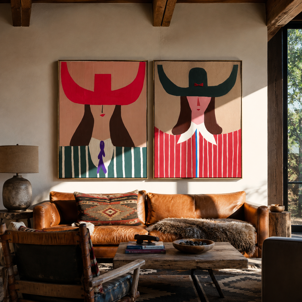 Scarlet Horns Meet Forest - graphic horn hat woman by Elliot Vale, modern figurative set of 2 wall art - styled room scene view 1