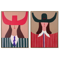 Scarlet Horns Meet Forest - graphic horn hat woman by Elliot Vale, modern figurative set of 2 wall art - complete two-panel artwork set on white background