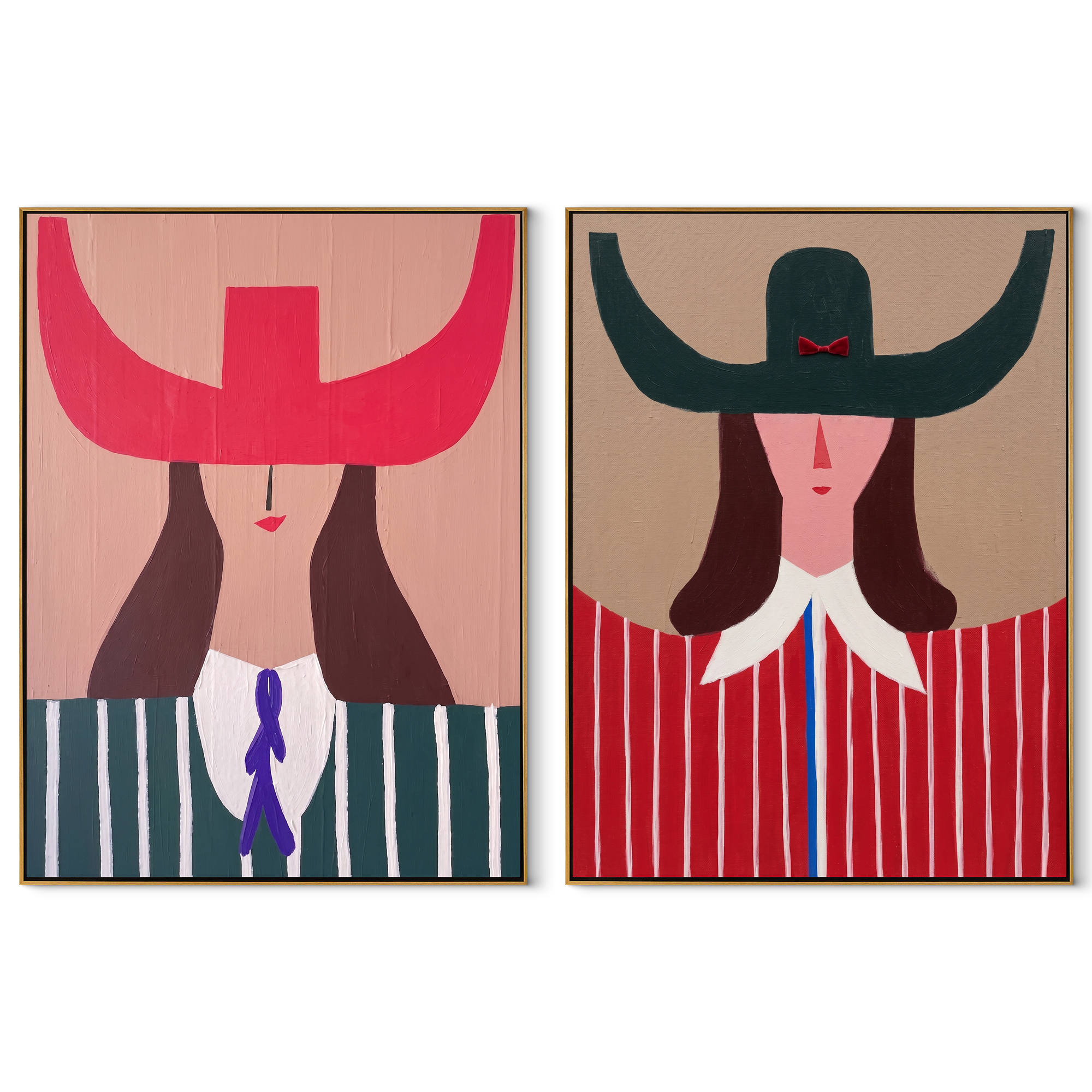 Scarlet Horns Meet Forest - graphic horn hat woman by Elliot Vale, modern figurative set of 2 wall art - complete two-panel artwork set on white background