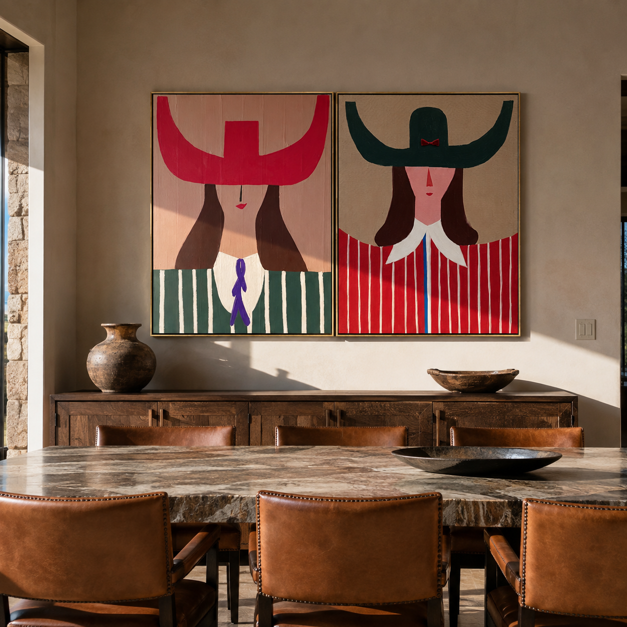 Scarlet Horns Meet Forest - graphic horn hat woman by Elliot Vale, modern figurative set of 2 wall art - styled room scene view 2