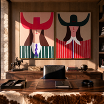 Scarlet Horns Meet Forest - graphic horn hat woman by Elliot Vale, modern figurative set of 2 wall art - styled room scene view 3