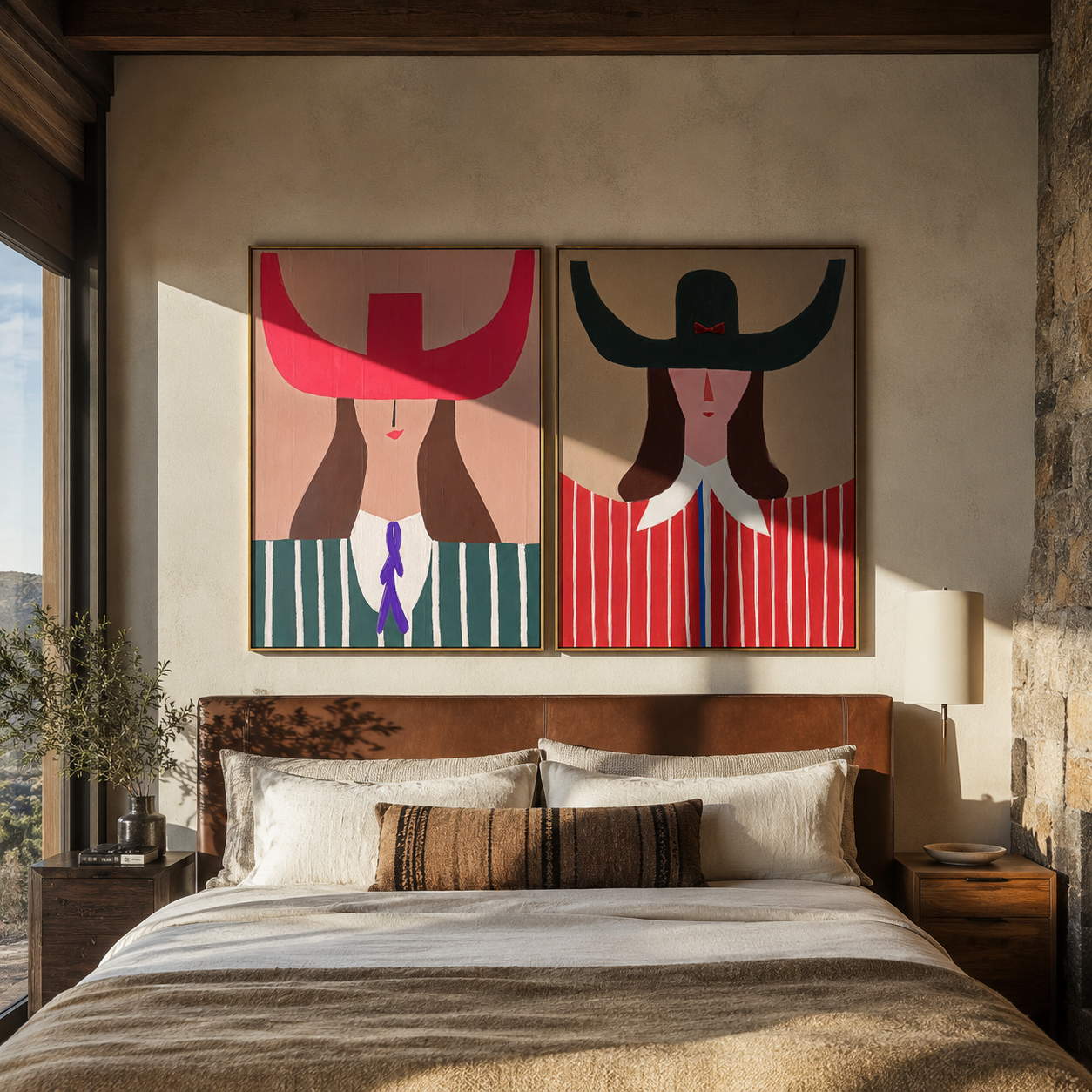 Scarlet Horns Meet Forest - graphic horn hat woman by Elliot Vale, modern figurative set of 2 wall art - styled room scene view 4
