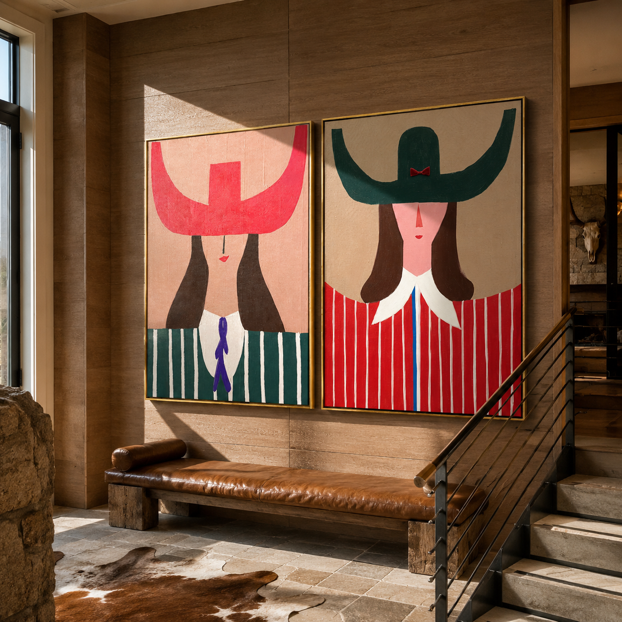 Scarlet Horns Meet Forest - graphic horn hat woman by Elliot Vale, modern figurative set of 2 wall art - styled room scene view 5