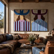 Blue Horns Divide Burgundy - blue horn hat portrait by Elliot Vale, modern figurative set of 2 wall art - styled room scene view 1