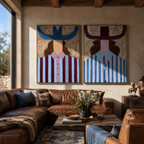 Blue Horns Divide Burgundy - blue horn hat portrait by Elliot Vale, modern figurative set of 2 wall art - styled room scene view 1