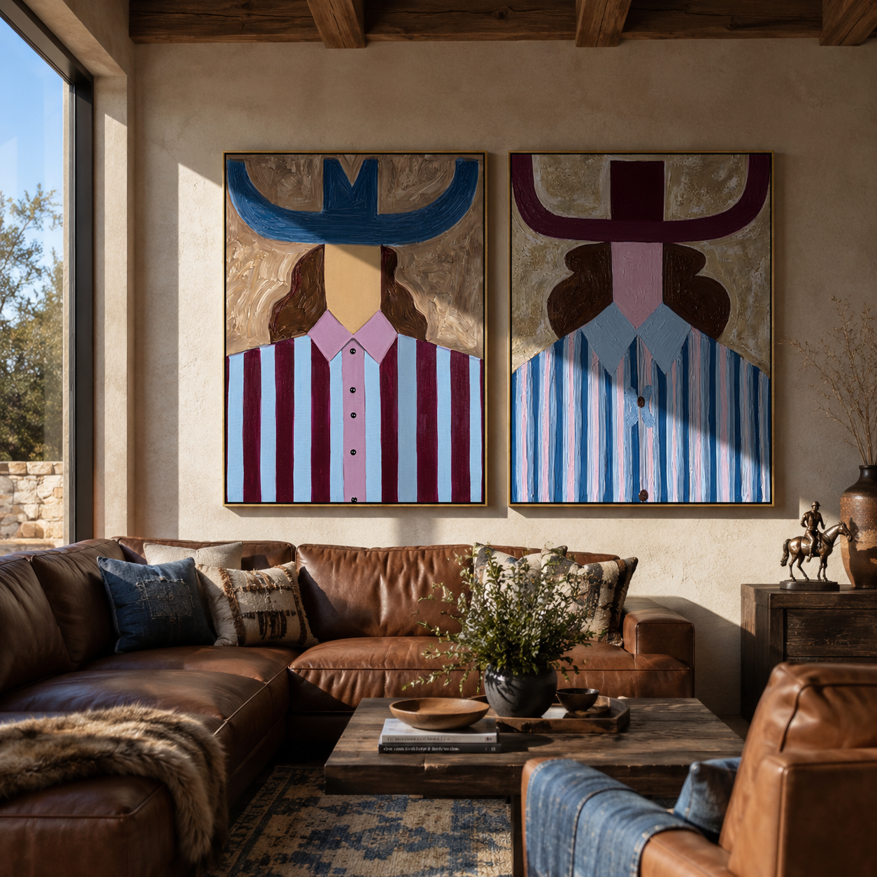Blue Horns Divide Burgundy - blue horn hat portrait by Elliot Vale, modern figurative set of 2 wall art - styled room scene view 1