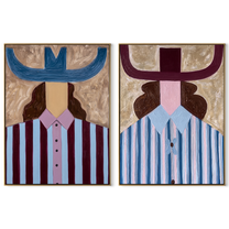 Blue Horns Divide Burgundy - blue horn hat portrait by Elliot Vale, modern figurative set of 2 wall art - complete two-panel artwork set on white background