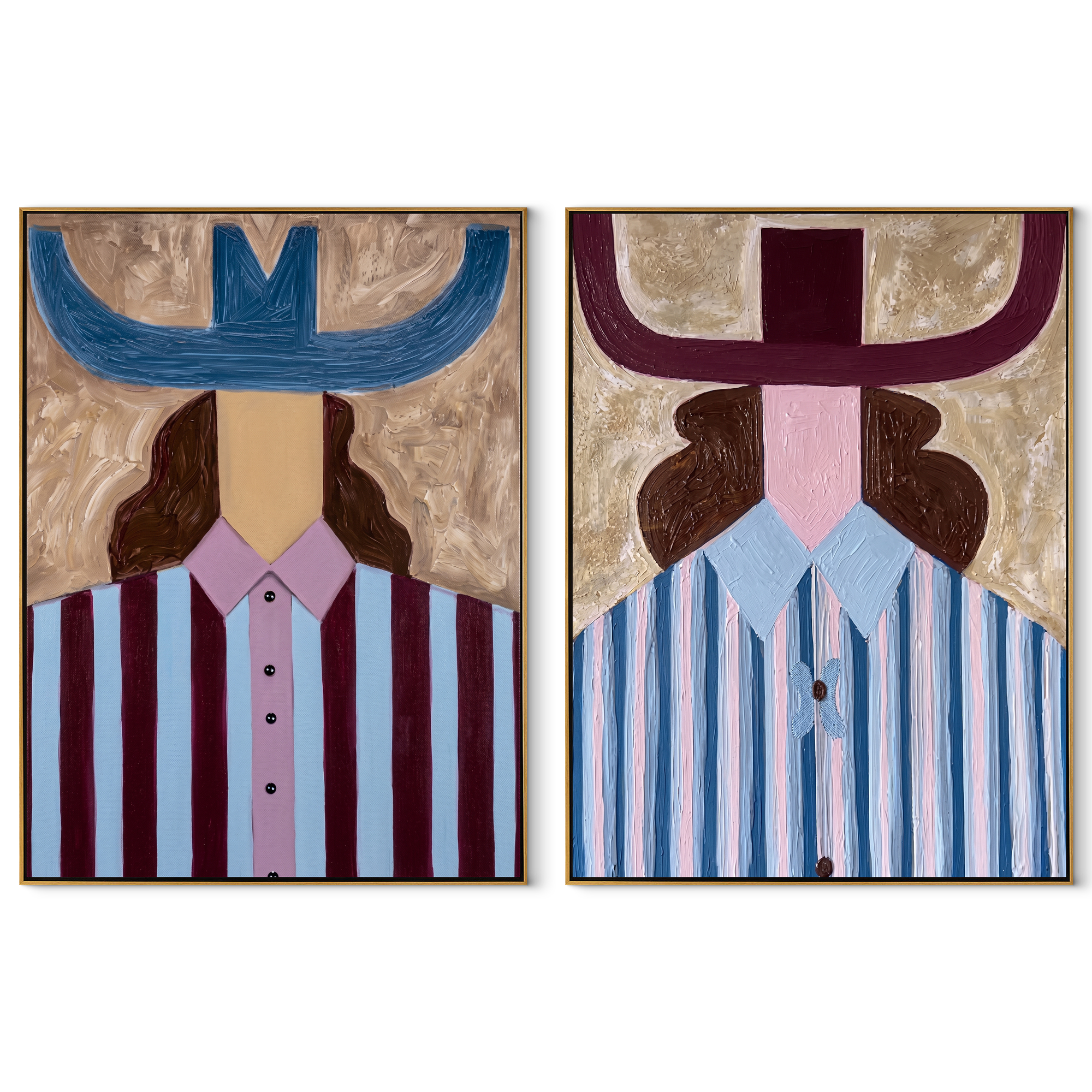 Blue Horns Divide Burgundy - blue horn hat portrait by Elliot Vale, modern figurative set of 2 wall art - complete two-panel artwork set on white background