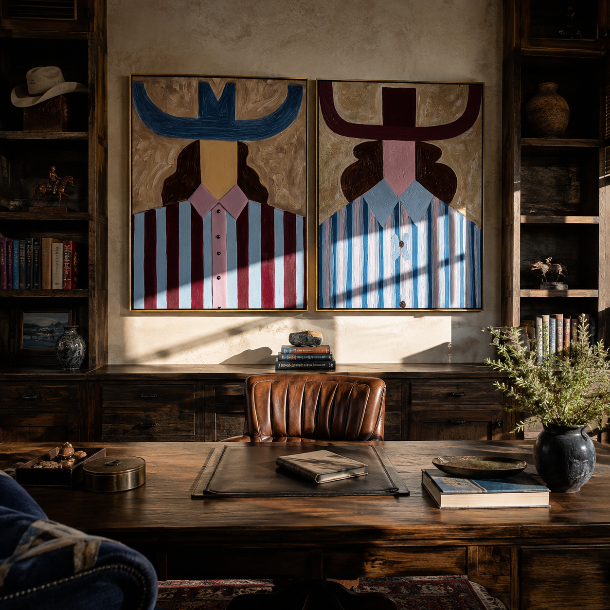 Blue Horns Divide Burgundy - blue horn hat portrait by Elliot Vale, modern figurative set of 2 wall art - styled room scene view 3