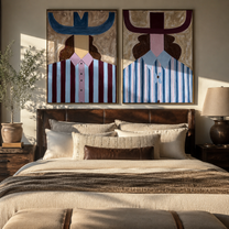 Blue Horns Divide Burgundy - blue horn hat portrait by Elliot Vale, modern figurative set of 2 wall art - styled room scene view 4