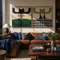 Navy Brims Balance Sage - patterned cowgirl portrait by Elliot Vale, modern figurative set of 2 wall art - styled room scene view 1