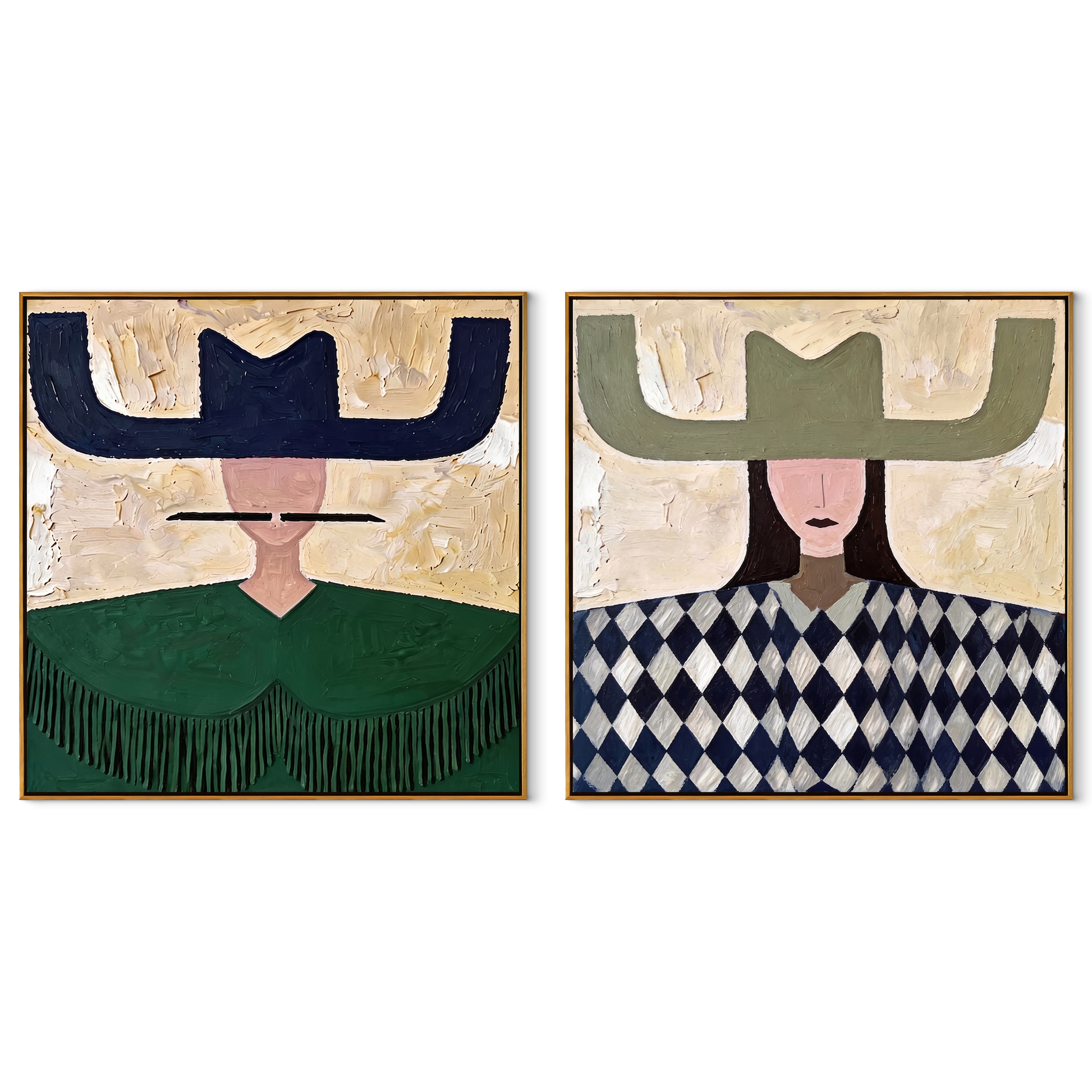 Navy Brims Balance Sage - patterned cowgirl portrait by Elliot Vale, modern figurative set of 2 wall art - complete two-panel artwork set on white background