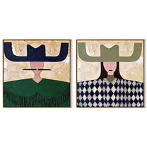 Navy Brims Balance Sage - patterned cowgirl portrait by Elliot Vale, modern figurative set of 2 wall art - complete two-panel artwork set on white background