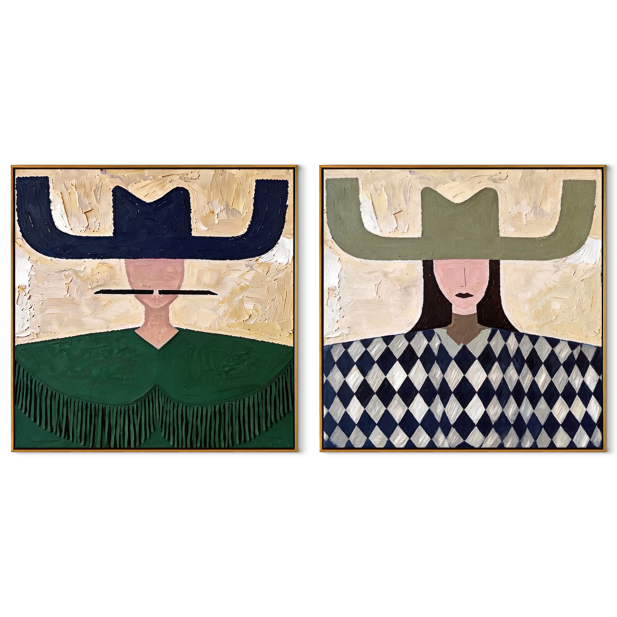 Navy Brims Balance Sage - patterned cowgirl portrait by Elliot Vale, modern figurative set of 2 wall art - complete two-panel artwork set on white background