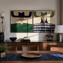 Navy Brims Balance Sage - patterned cowgirl portrait by Elliot Vale, modern figurative set of 2 wall art - styled room scene view 2