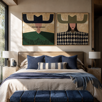 Navy Brims Balance Sage - patterned cowgirl portrait by Elliot Vale, modern figurative set of 2 wall art - styled room scene view 3