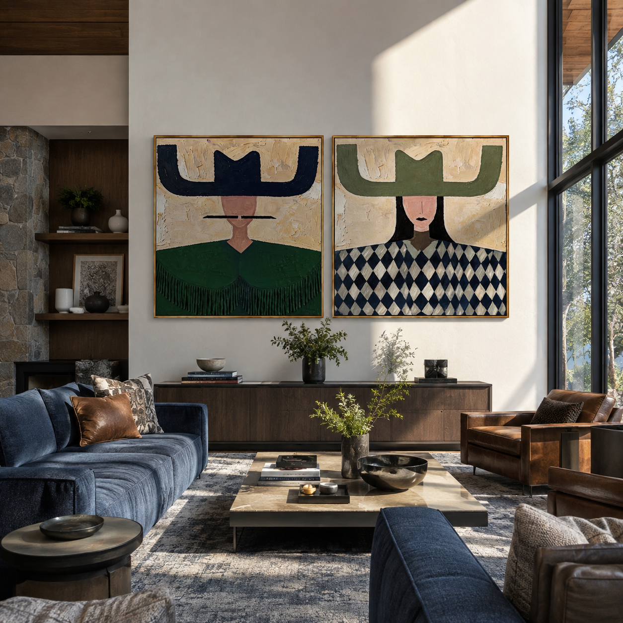 Navy Brims Balance Sage - patterned cowgirl portrait by Elliot Vale, modern figurative set of 2 wall art - styled room scene view 4