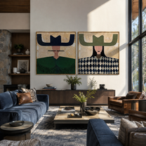 Navy Brims Balance Sage - patterned cowgirl portrait by Elliot Vale, modern figurative set of 2 wall art - styled room scene view 4