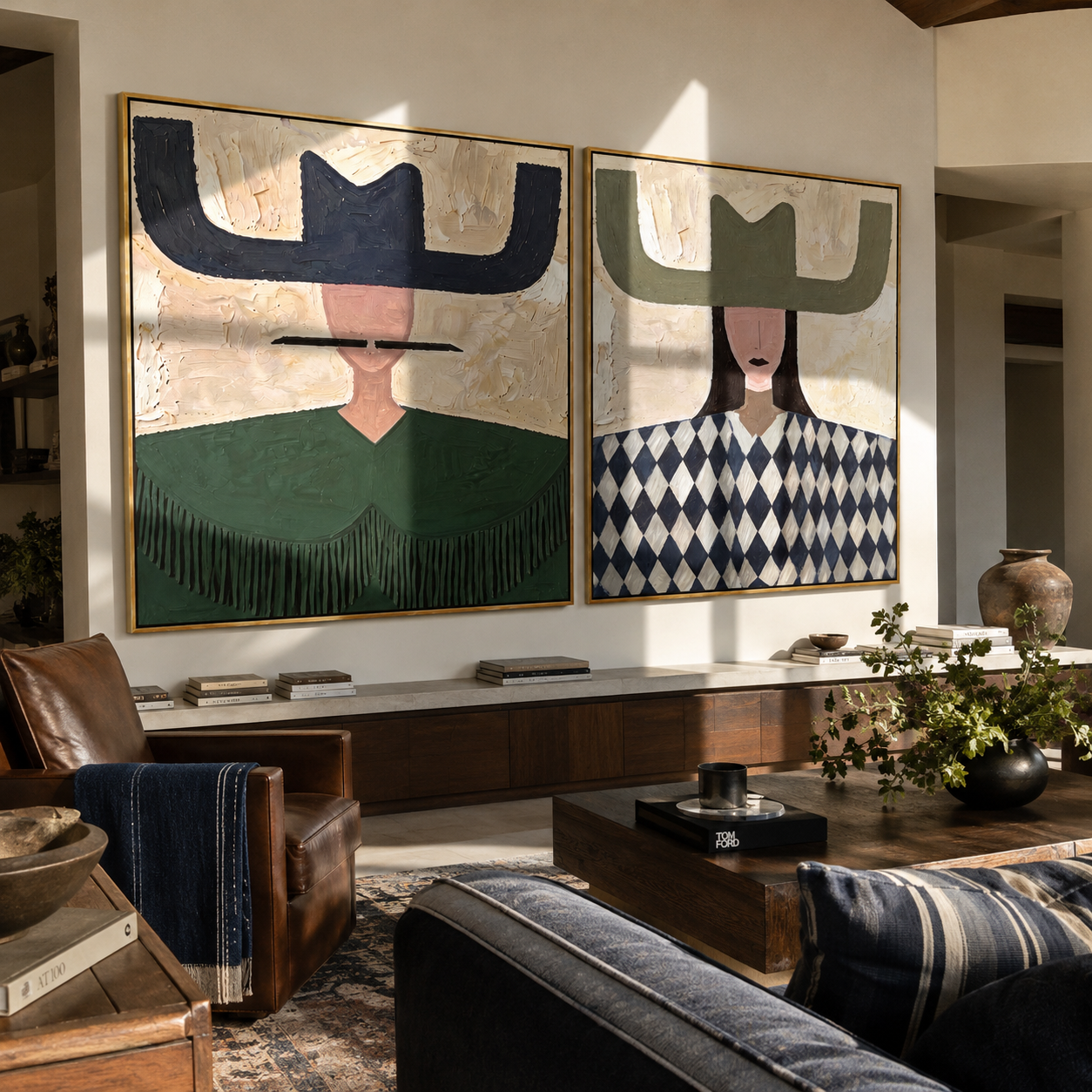 Navy Brims Balance Sage - patterned cowgirl portrait by Elliot Vale, modern figurative set of 2 wall art - styled room scene view 5